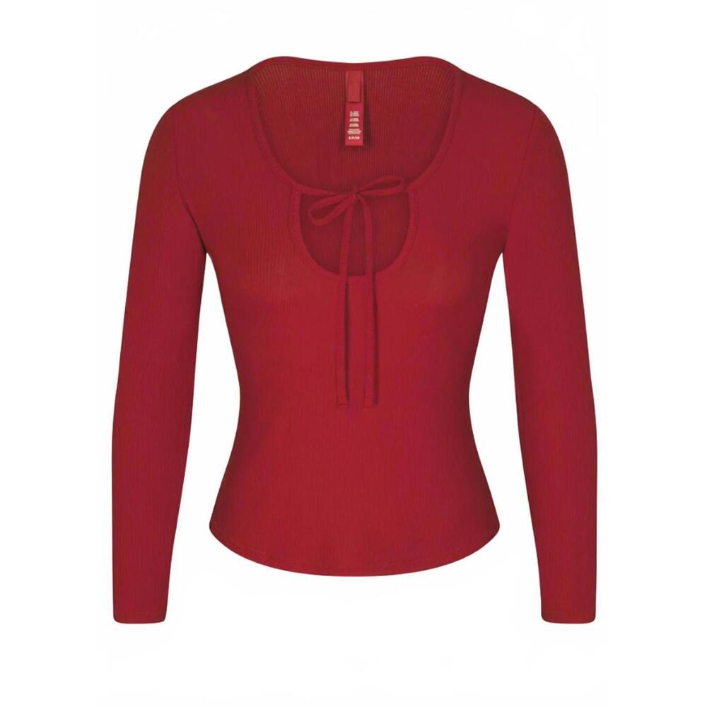EUC SKIMS Tie Front Long Sleeve Rib Stretch Modal Pajama Top Brick Red Size M